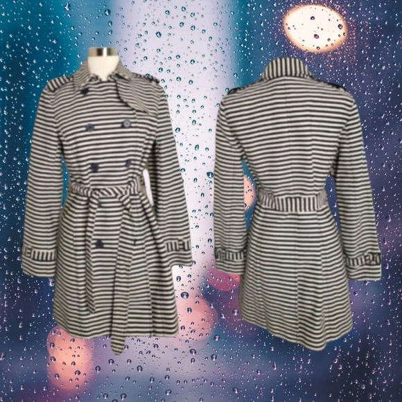 Loft  striped black/ white belted chic corpcore Double Breasted trenchcoat sz M - Picture 1 of 15